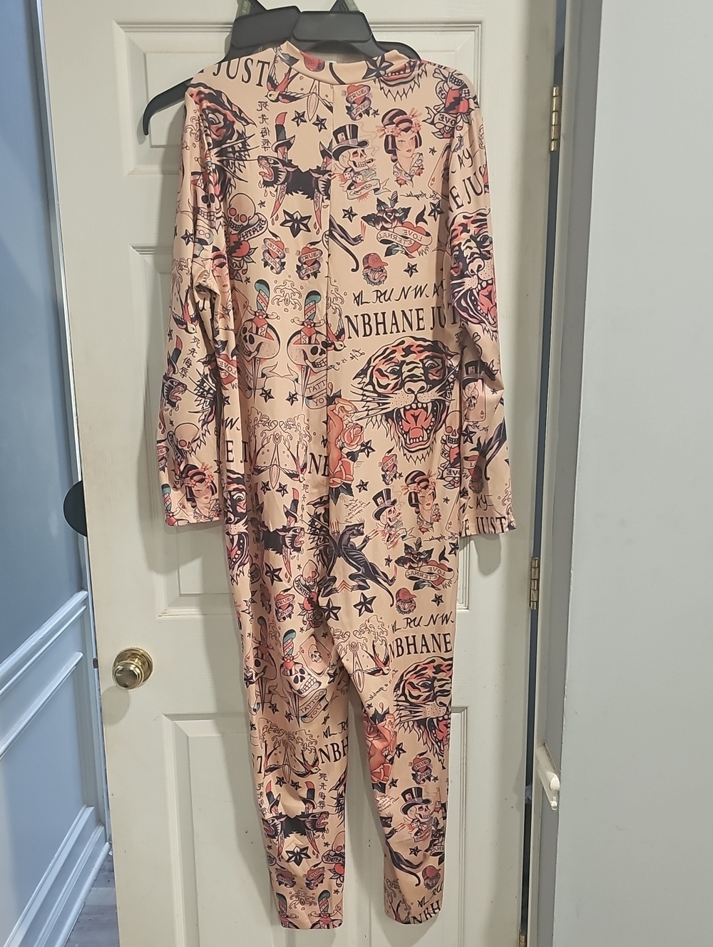 Tattoo Print Long-Sleeve Peach Graphic One-Piece Jumpsuit Never Worn.